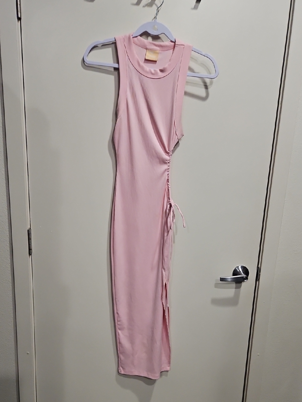 Sage & Paige Sleeveless Pink Side-Ruched Midi Dress